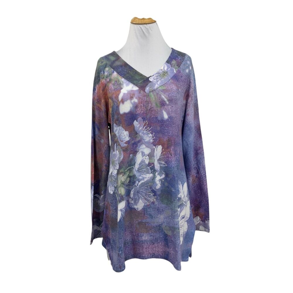 Soft Surroundings Tunic Womens Small Purple Dream Tiger Lily V Neck Stretch Top